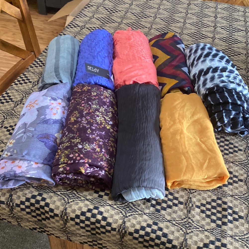 Lot of 9 ladies scarves.  Never worn; one with tags